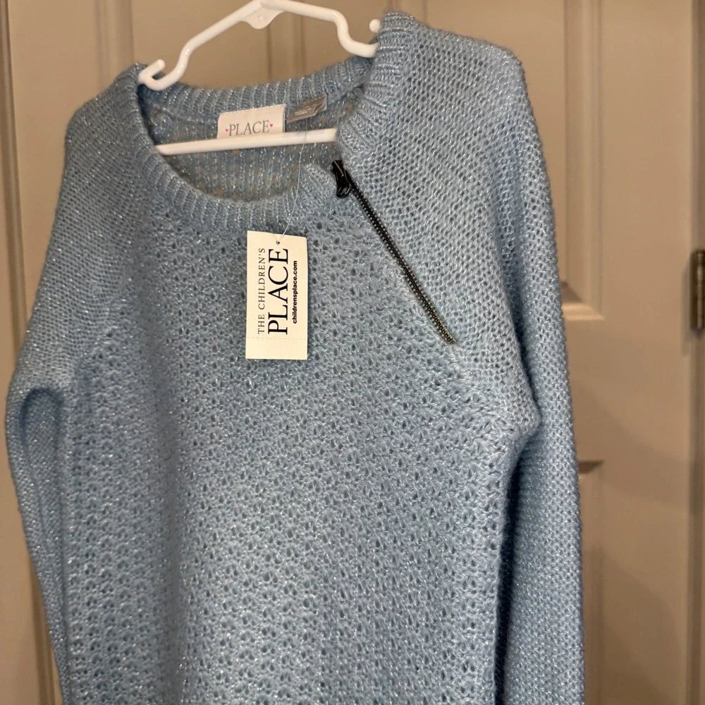 The Childrens Place Girls Blue Shimmer Open Knit Zipper Sweater Size S‎ 5/6 NWT